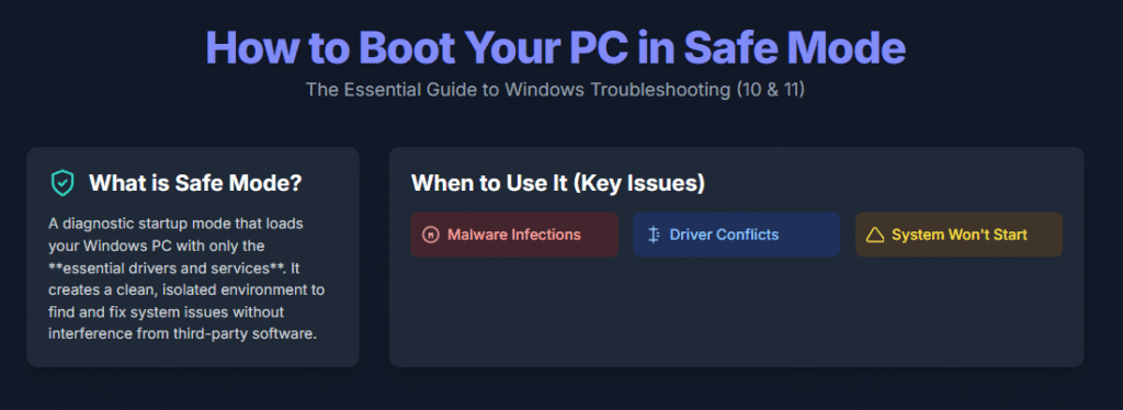 Steps for entering Windows Safe Mode for PC troubleshooting.