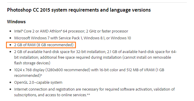 RAM required for photoshop