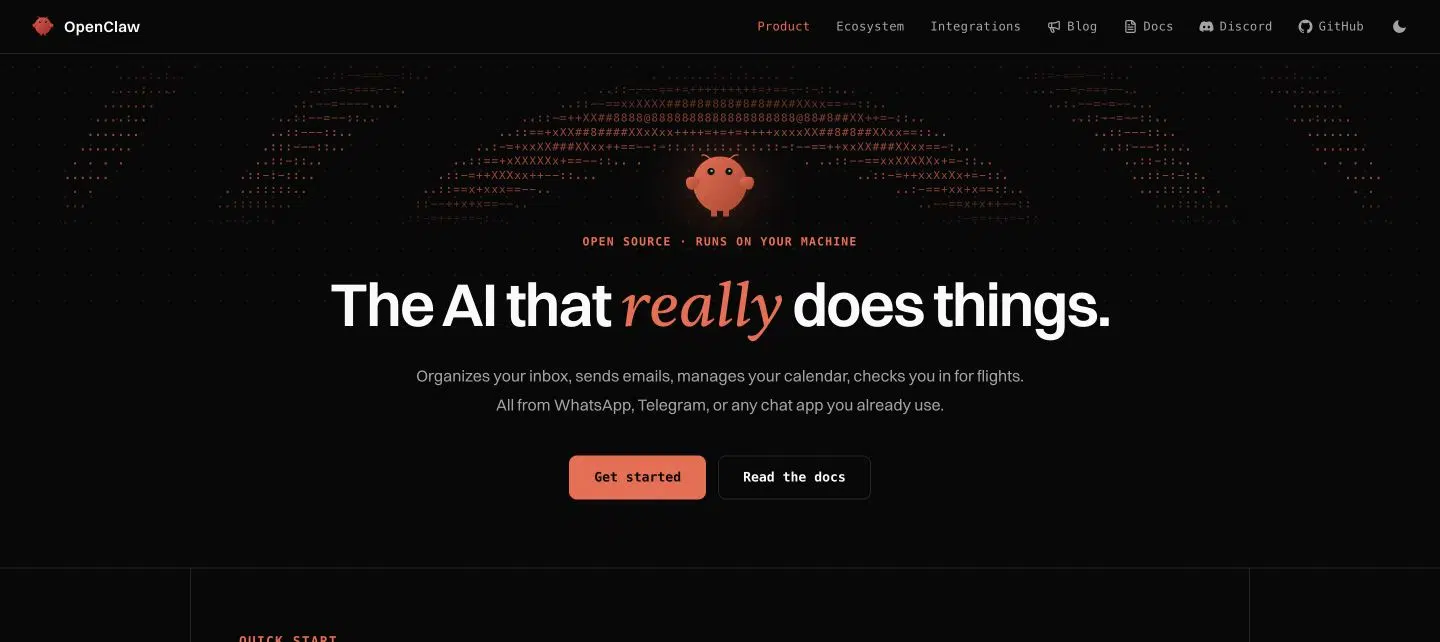 OpenClaw official homepage stating that the open source AI agent runs on your machine
